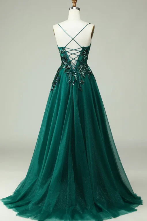 A Line Spaghetti Straps Dark Green Corset Prom Dress with Appliques