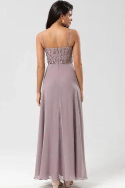 A Line Spaghetti Straps Dusty Pink Long Bridesmaid Dress with Beaded