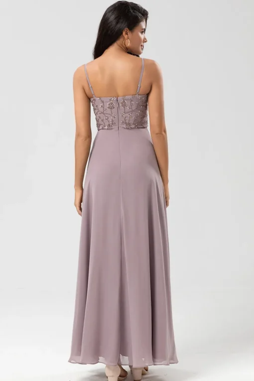 A Line Spaghetti Straps Dusty Pink Long Bridesmaid Dress with Beaded