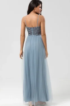 A Line Spaghetti Straps Dusty Blue Long Bridesmaid Dress with Beading