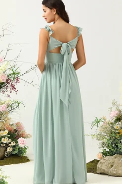 A Line Spaghetti Straps Dusty Sage Long Bridesmaid Dress with Ruffles