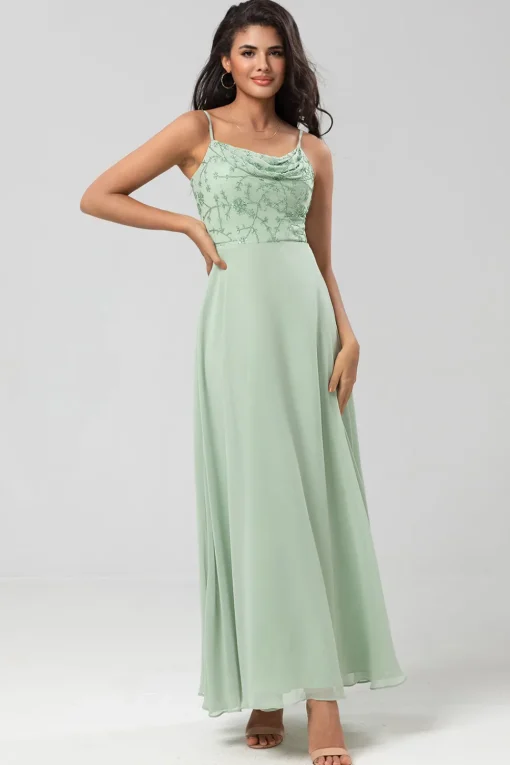 A Line Spaghetti Straps Dusty Pink Long Bridesmaid Dress with Beaded