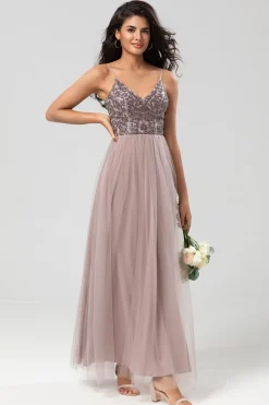 A Line Spaghetti Straps Dusty Blue Long Bridesmaid Dress with Beading