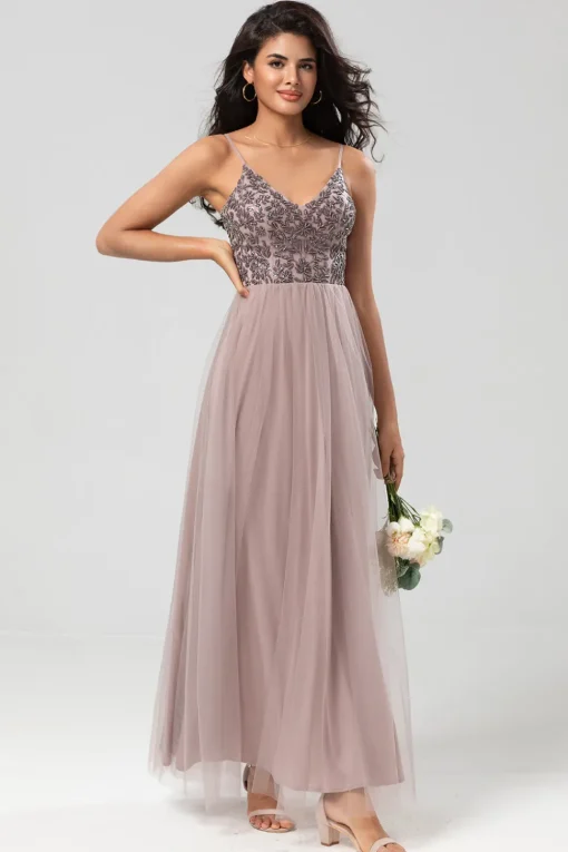 A Line Spaghetti Straps Dusty Blue Long Bridesmaid Dress with Beading