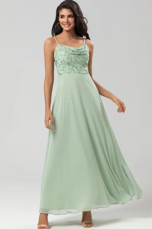 A Line Spaghetti Straps Dusty Pink Long Bridesmaid Dress with Beaded