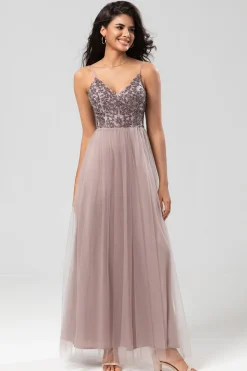 A Line Spaghetti Straps Dusty Blue Long Bridesmaid Dress with Beading