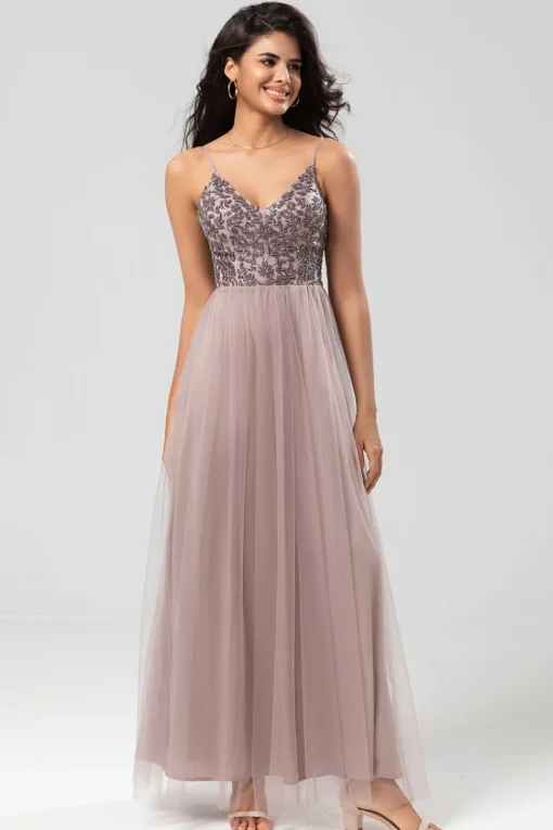 A Line Spaghetti Straps Dusty Blue Long Bridesmaid Dress with Beading