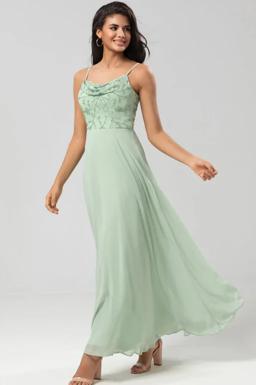 A Line Spaghetti Straps Dusty Pink Long Bridesmaid Dress with Beaded