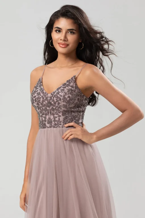 A Line Spaghetti Straps Dusty Blue Long Bridesmaid Dress with Beading