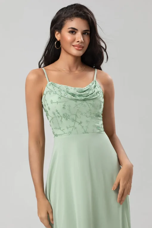 A Line Spaghetti Straps Dusty Pink Long Bridesmaid Dress with Beaded