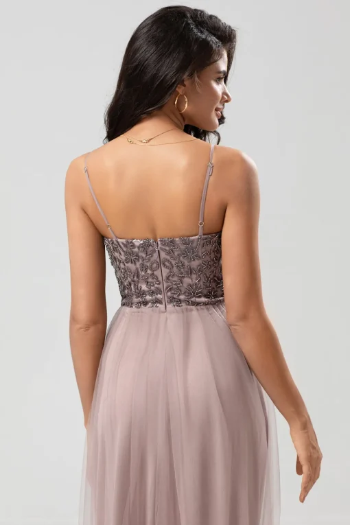 A Line Spaghetti Straps Dusty Blue Long Bridesmaid Dress with Beading
