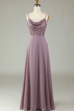 A Line Spaghetti Straps Dusty Pink Long Bridesmaid Dress with Beaded