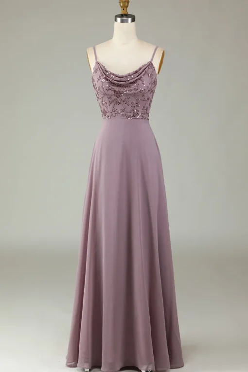 A Line Spaghetti Straps Dusty Pink Long Bridesmaid Dress with Beaded