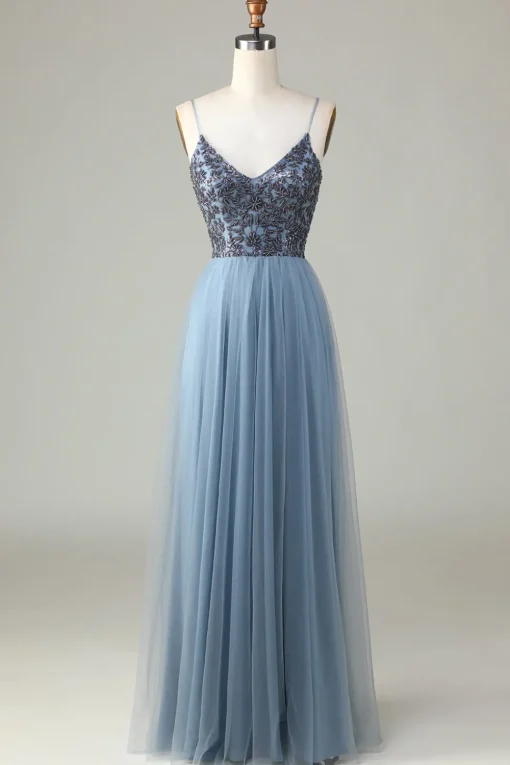 A Line Spaghetti Straps Dusty Blue Long Bridesmaid Dress with Beading