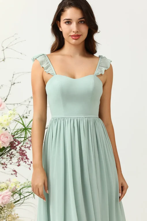 A Line Spaghetti Straps Dusty Sage Long Bridesmaid Dress with Ruffles