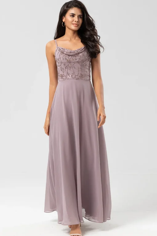 A Line Spaghetti Straps Dusty Pink Long Bridesmaid Dress with Beaded