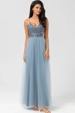 A Line Spaghetti Straps Dusty Blue Long Bridesmaid Dress with Beading