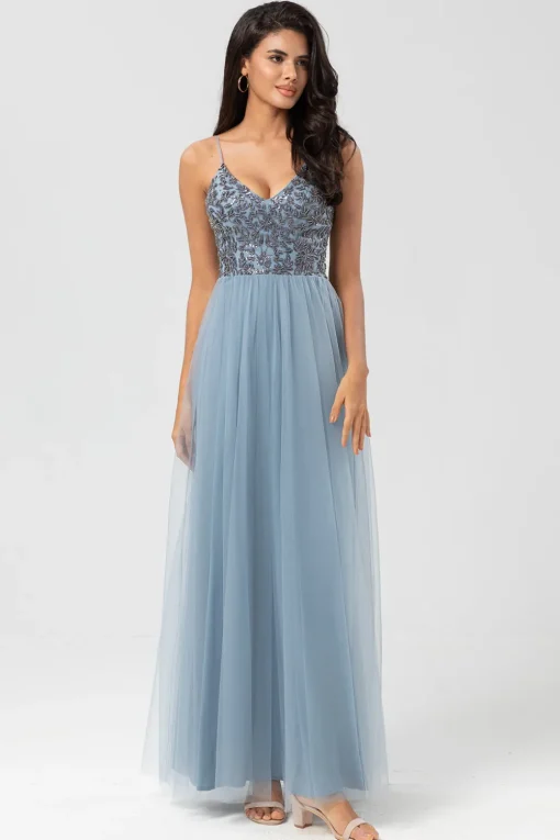 A Line Spaghetti Straps Dusty Blue Long Bridesmaid Dress with Beading