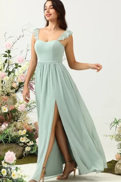 A Line Spaghetti Straps Dusty Sage Long Bridesmaid Dress with Ruffles