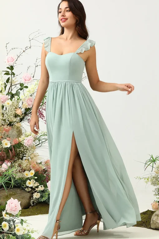 A Line Spaghetti Straps Dusty Sage Long Bridesmaid Dress with Ruffles