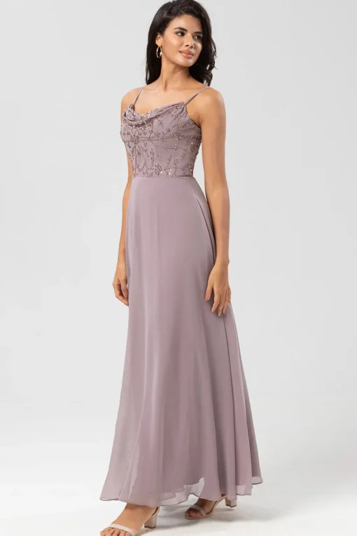 A Line Spaghetti Straps Dusty Pink Long Bridesmaid Dress with Beaded
