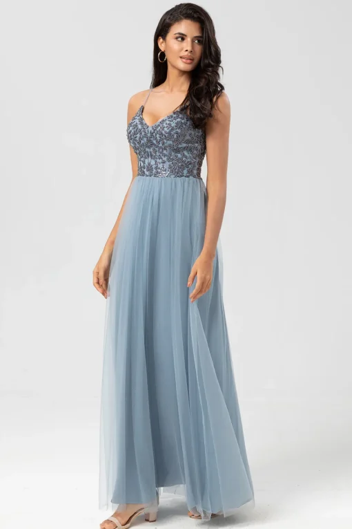 A Line Spaghetti Straps Dusty Blue Long Bridesmaid Dress with Beading