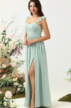 A Line Spaghetti Straps Dusty Sage Long Bridesmaid Dress with Ruffles