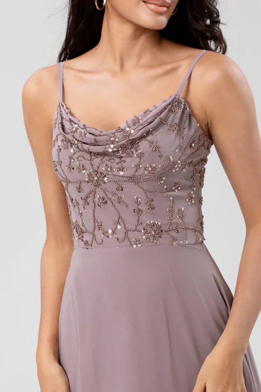 A Line Spaghetti Straps Dusty Pink Long Bridesmaid Dress with Beaded