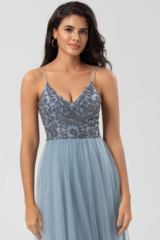 A Line Spaghetti Straps Dusty Blue Long Bridesmaid Dress with Beading