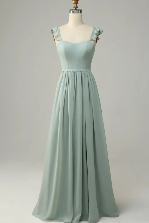 A Line Spaghetti Straps Dusty Sage Long Bridesmaid Dress with Ruffles