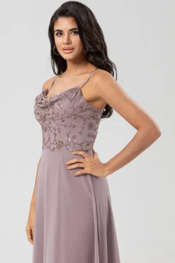 A Line Spaghetti Straps Dusty Pink Long Bridesmaid Dress with Beaded