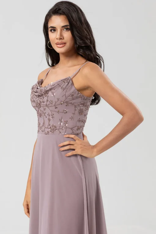 A Line Spaghetti Straps Dusty Pink Long Bridesmaid Dress with Beaded