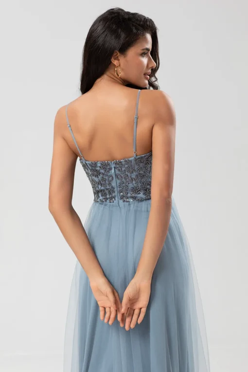 A Line Spaghetti Straps Dusty Blue Long Bridesmaid Dress with Beading