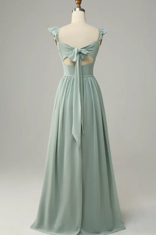 A Line Spaghetti Straps Dusty Sage Long Bridesmaid Dress with Ruffles