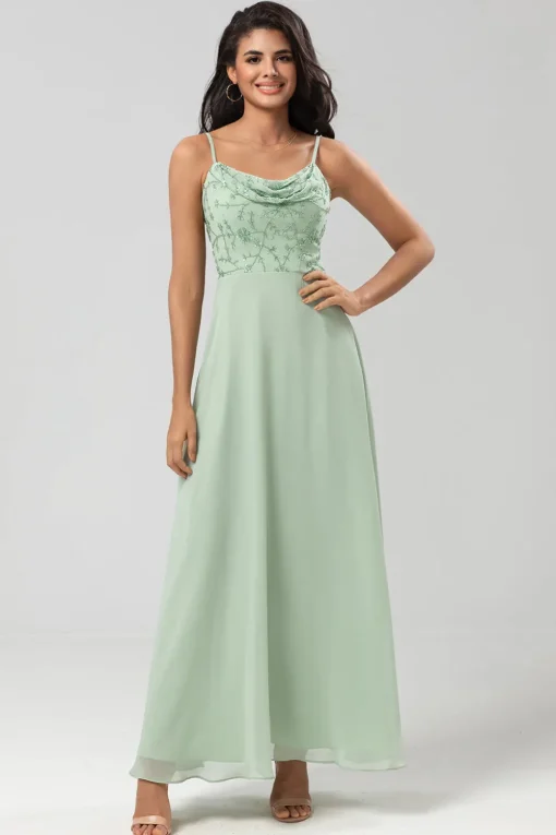 A Line Spaghetti Straps Dusty Pink Long Bridesmaid Dress with Beaded