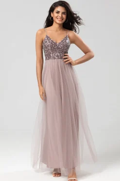 A Line Spaghetti Straps Dusty Blue Long Bridesmaid Dress with Beading