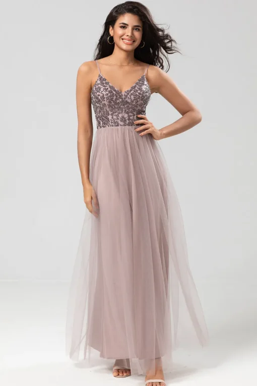 A Line Spaghetti Straps Dusty Blue Long Bridesmaid Dress with Beading