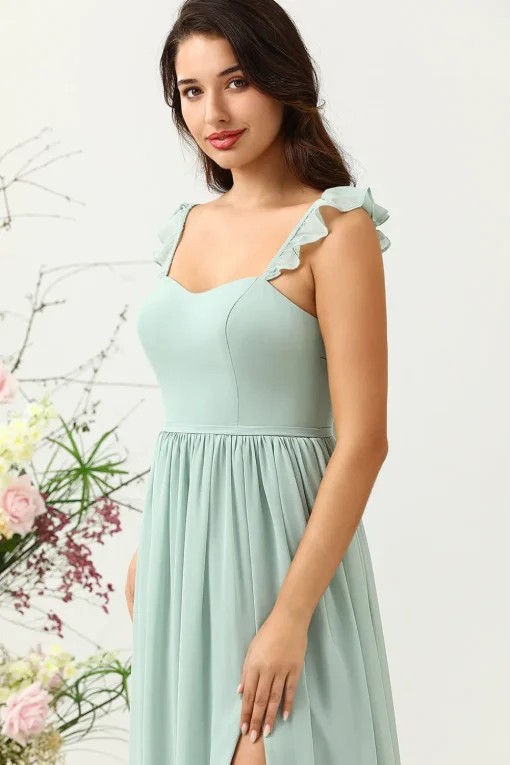 A Line Spaghetti Straps Dusty Sage Long Bridesmaid Dress with Ruffles