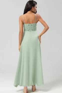 A Line Spaghetti Straps Dusty Pink Long Bridesmaid Dress with Beaded