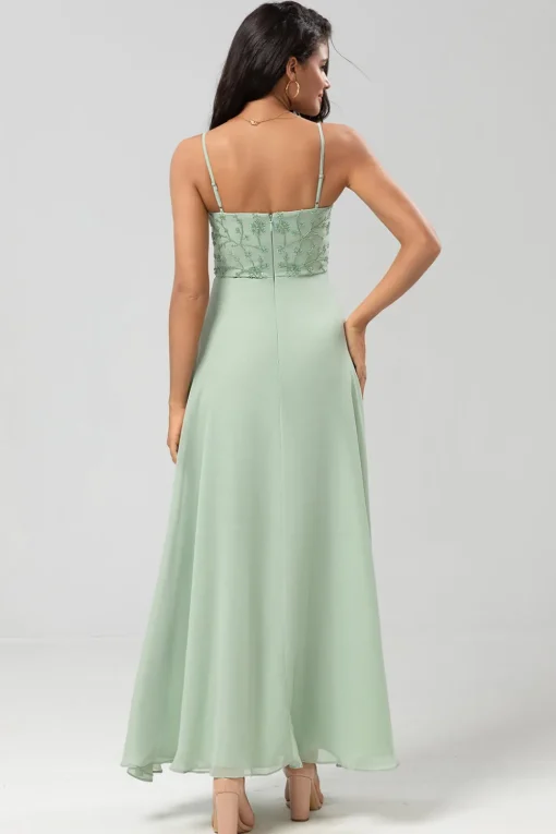 A Line Spaghetti Straps Dusty Pink Long Bridesmaid Dress with Beaded
