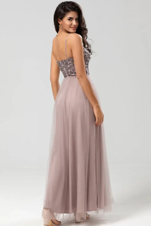 A Line Spaghetti Straps Dusty Blue Long Bridesmaid Dress with Beading