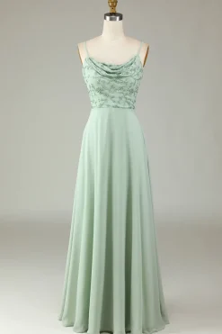 A Line Spaghetti Straps Dusty Pink Long Bridesmaid Dress with Beaded