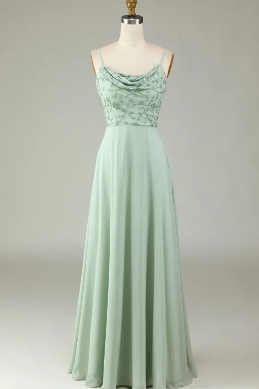 A Line Spaghetti Straps Dusty Pink Long Bridesmaid Dress with Beaded