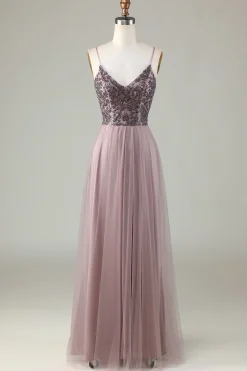 A Line Spaghetti Straps Dusty Blue Long Bridesmaid Dress with Beading