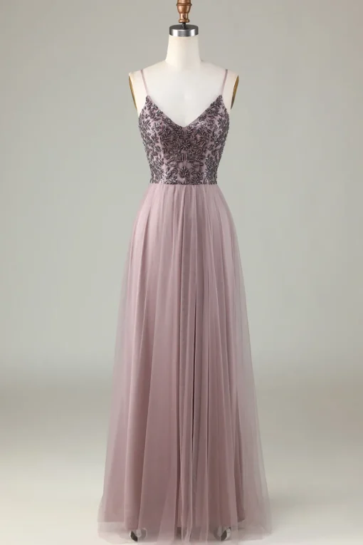 A Line Spaghetti Straps Dusty Blue Long Bridesmaid Dress with Beading