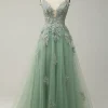 A Line Spaghetti Straps Green Long Prom Dress with Criss Cross Back