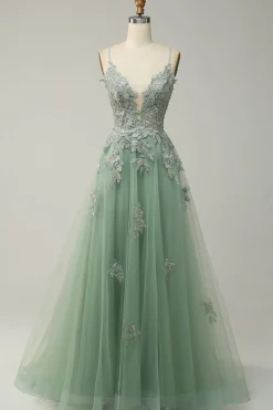 A Line Spaghetti Straps Green Long Prom Dress with Criss Cross Back