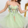 A Line Spaghetti Straps Green Short Prom Dress with Appliques