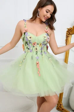 A Line Spaghetti Straps Green Short Prom Dress with Appliques