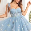A Line Spaghetti Straps Grey Blue Short Prom Dress with Embroidery